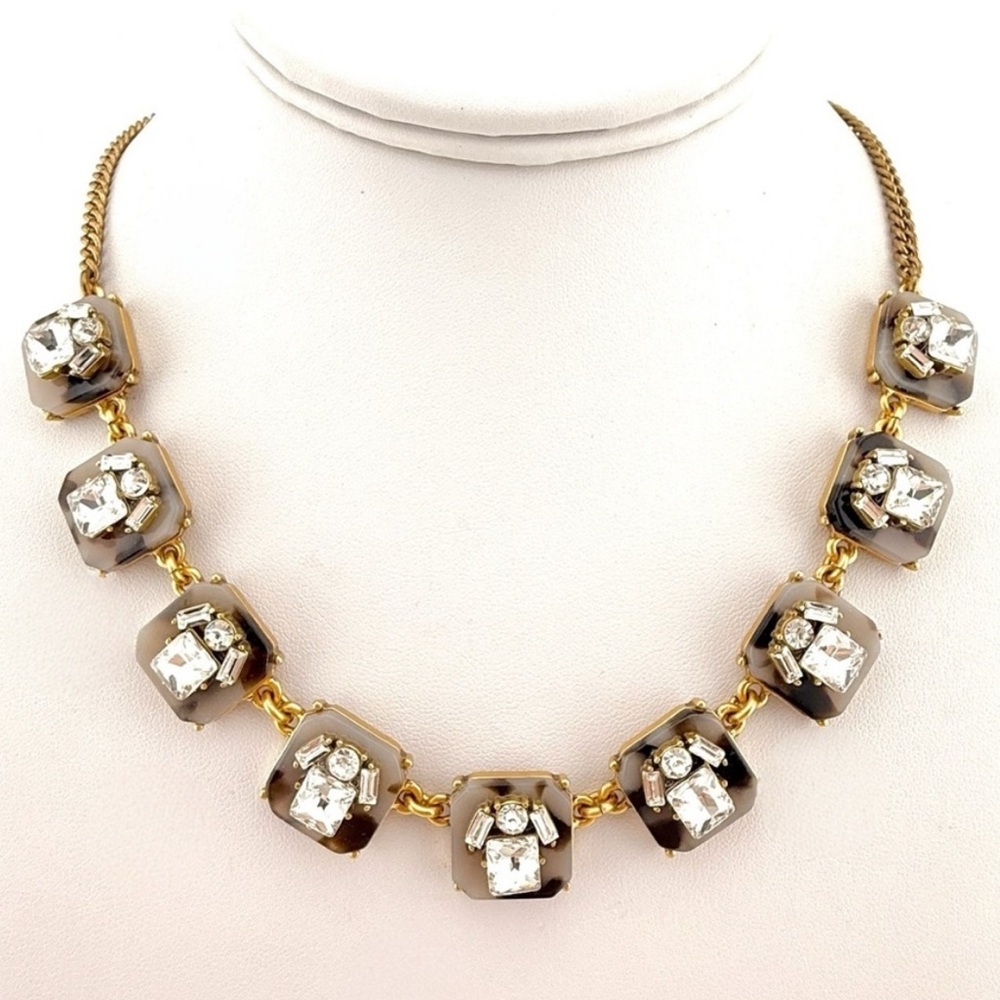 J. Crew Necklace, Tortoise Shell and Rhinestones with Gold Tone Chain - Vintage